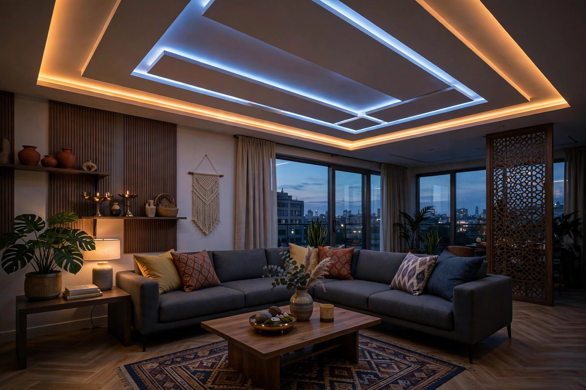 Living room gypsum ceiling with colour-changing LED strips set into routed channels