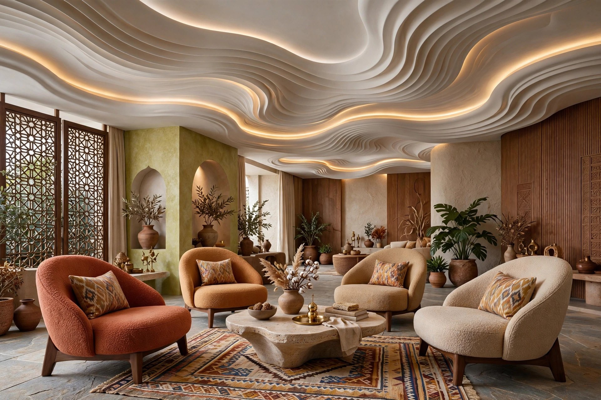 Lounge with a wavy sculptural gypsum false ceiling in soft curves