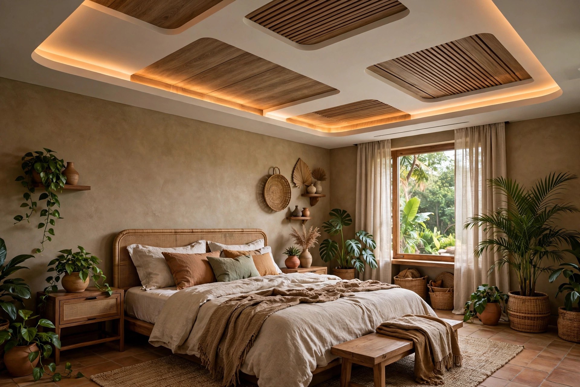 Bedroom with a biophilic gypsum ceiling combining wood texture panels and warm cove light