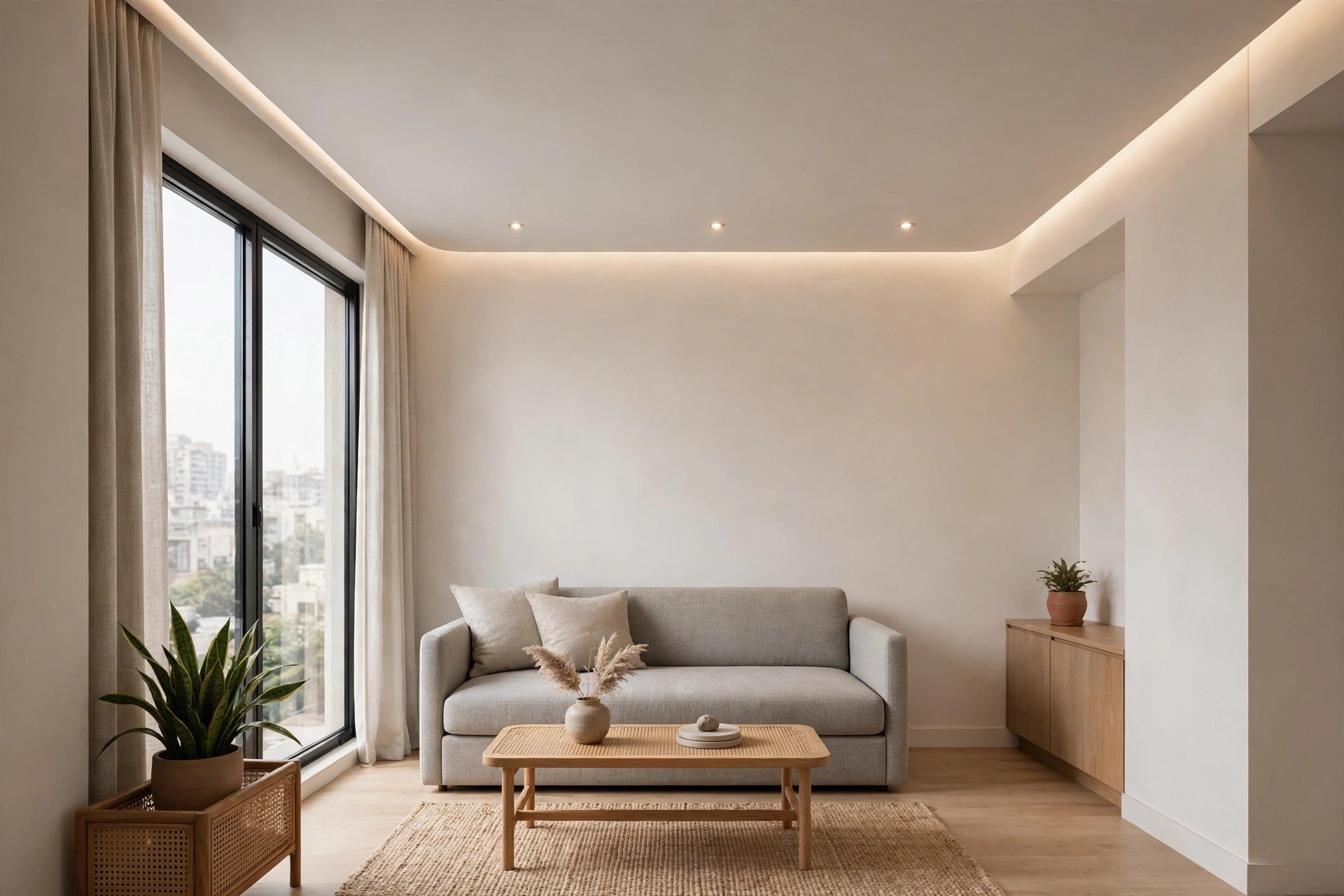 Compact flat with a minimalist single-layer flat gypsum ceiling and soft recessed lighting