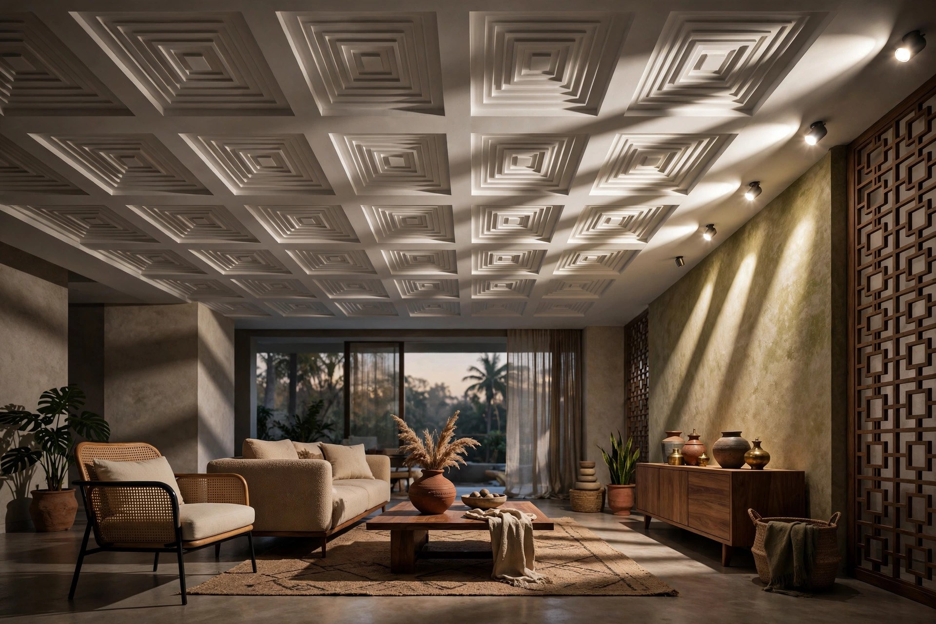 Living room with a geometric gypsum ceiling pattern of squares within squares and spotlights