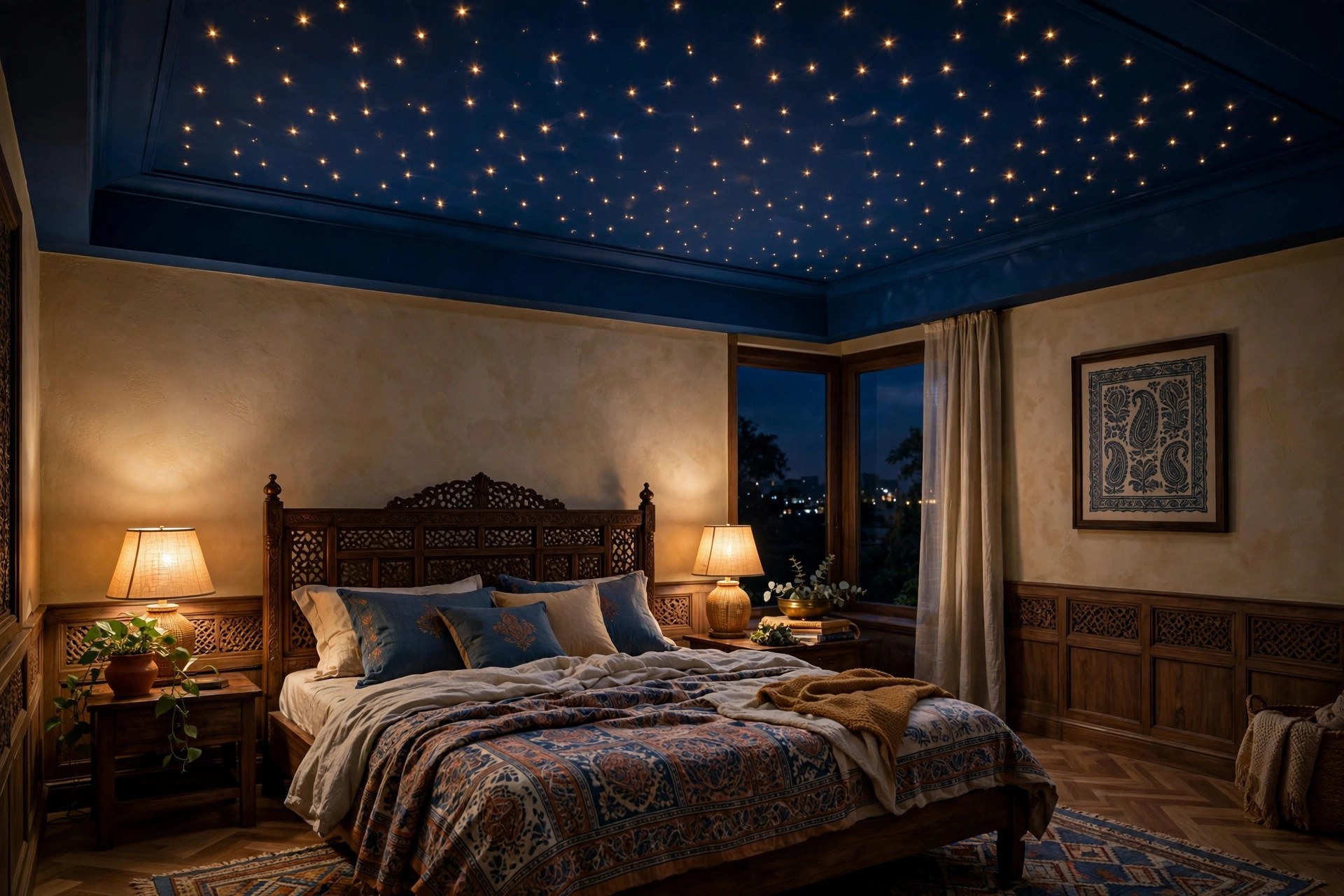 Bedroom with a night-sky gypsum ceiling with tiny LED star dots and dim warm light