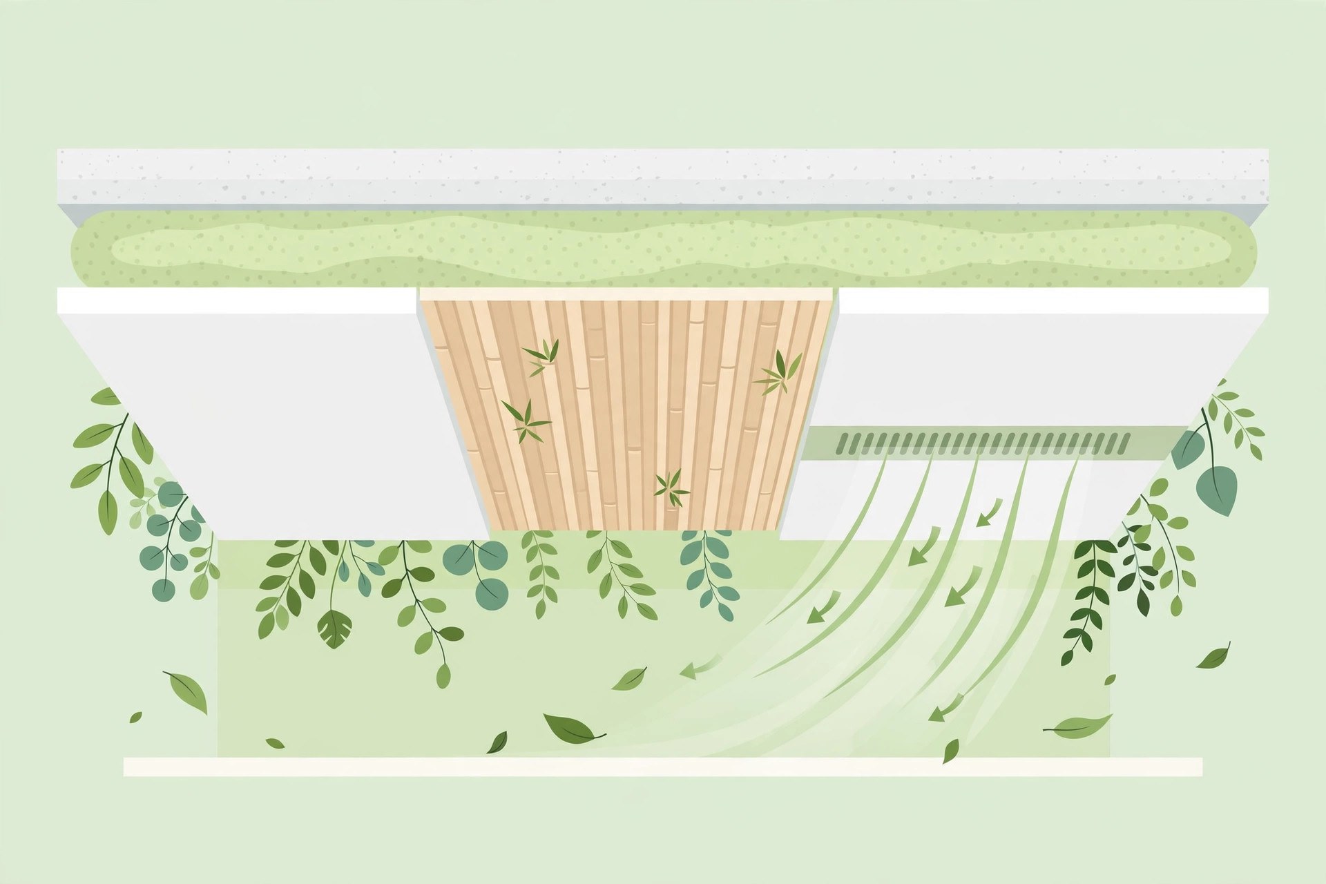 Illustration of a gypsum ceiling combining bamboo fibre panels with hidden AC vents