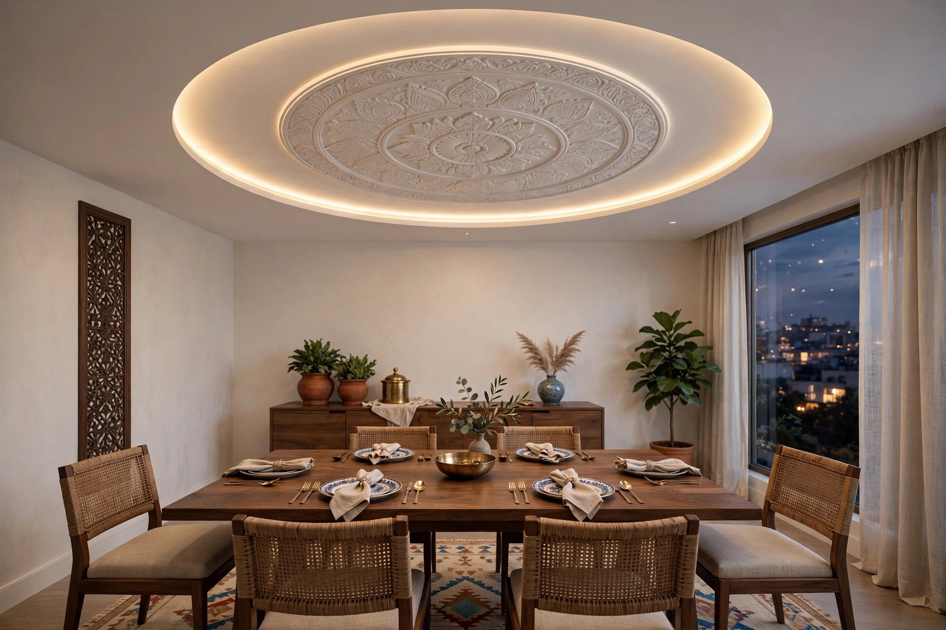 Dining room with a circular gypsum medallion ceiling and halo LED edge