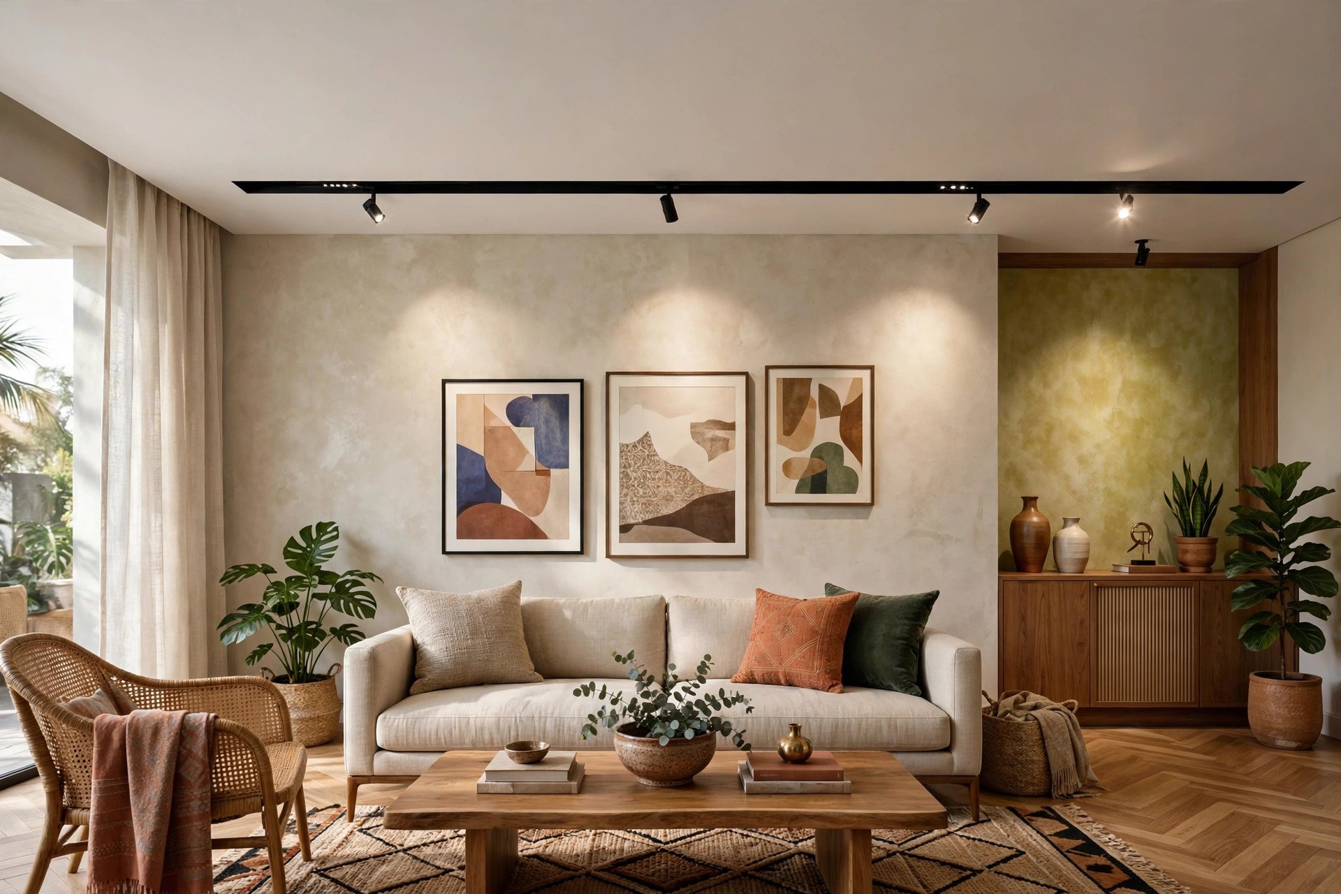 Living room with a magnetic track light recessed into a gypsum ceiling channel