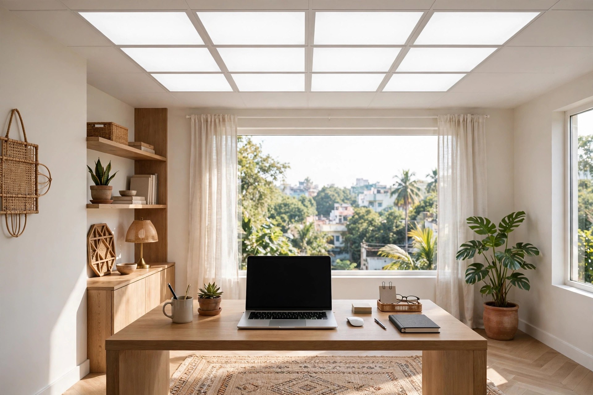 Home office with a gypsum ceiling carrying a grid of rectangular troffer light panels