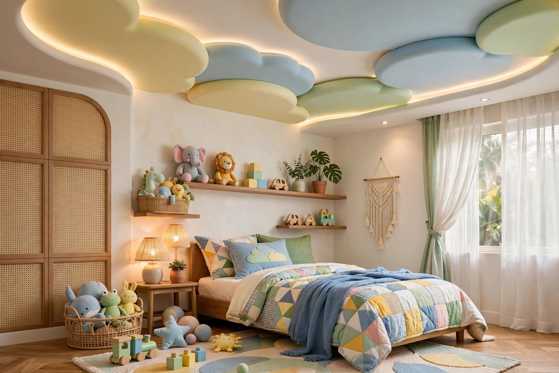 Kids room with a colourful gypsum ceiling with soft shapes and playful lighting