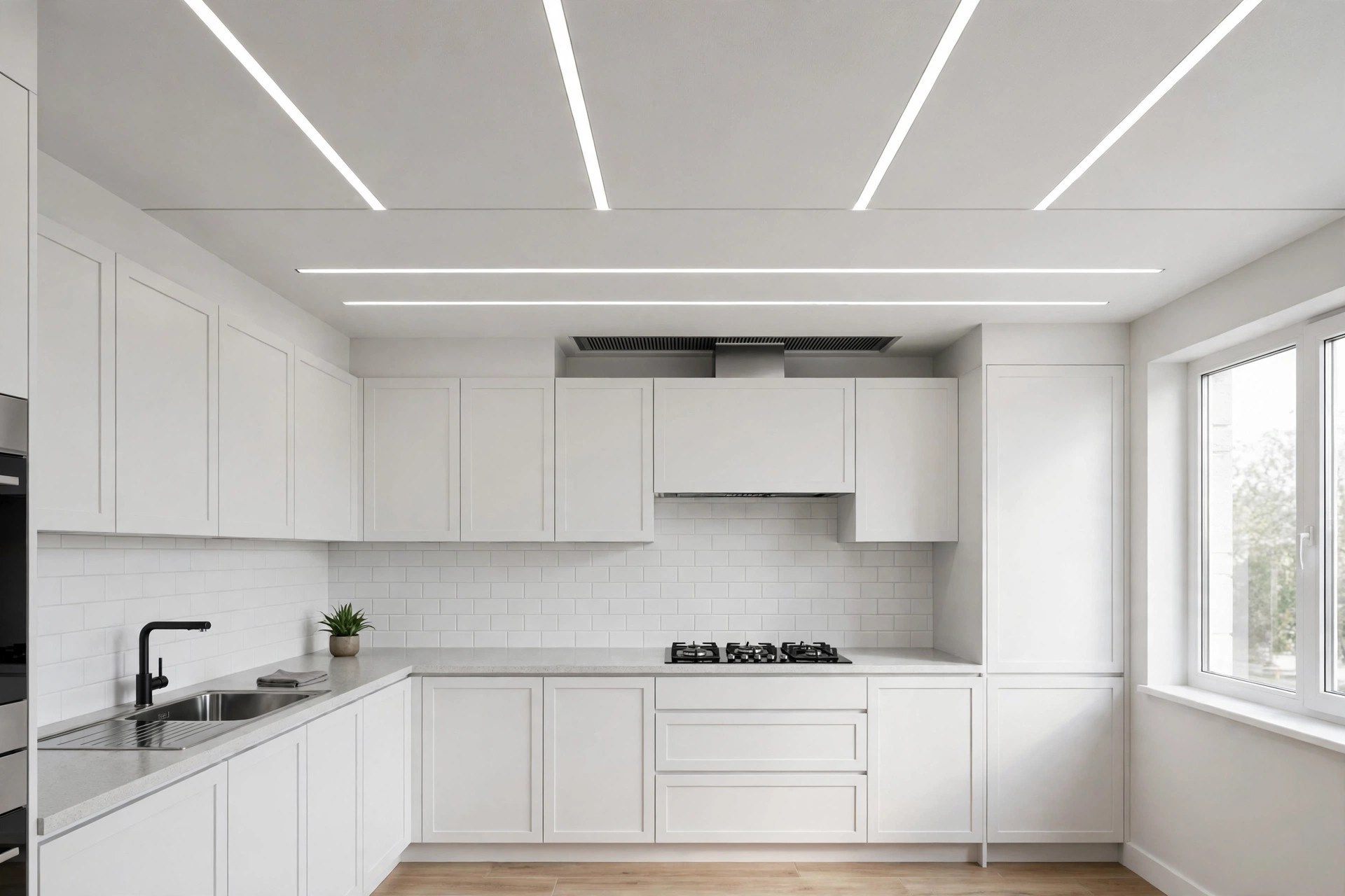 Kitchen with a moisture-resistant gypsum ceiling and linear LED channels