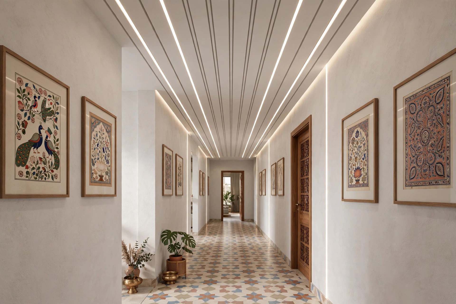 Corridor with a gypsum ceiling with parallel linear grooves carrying LED strips