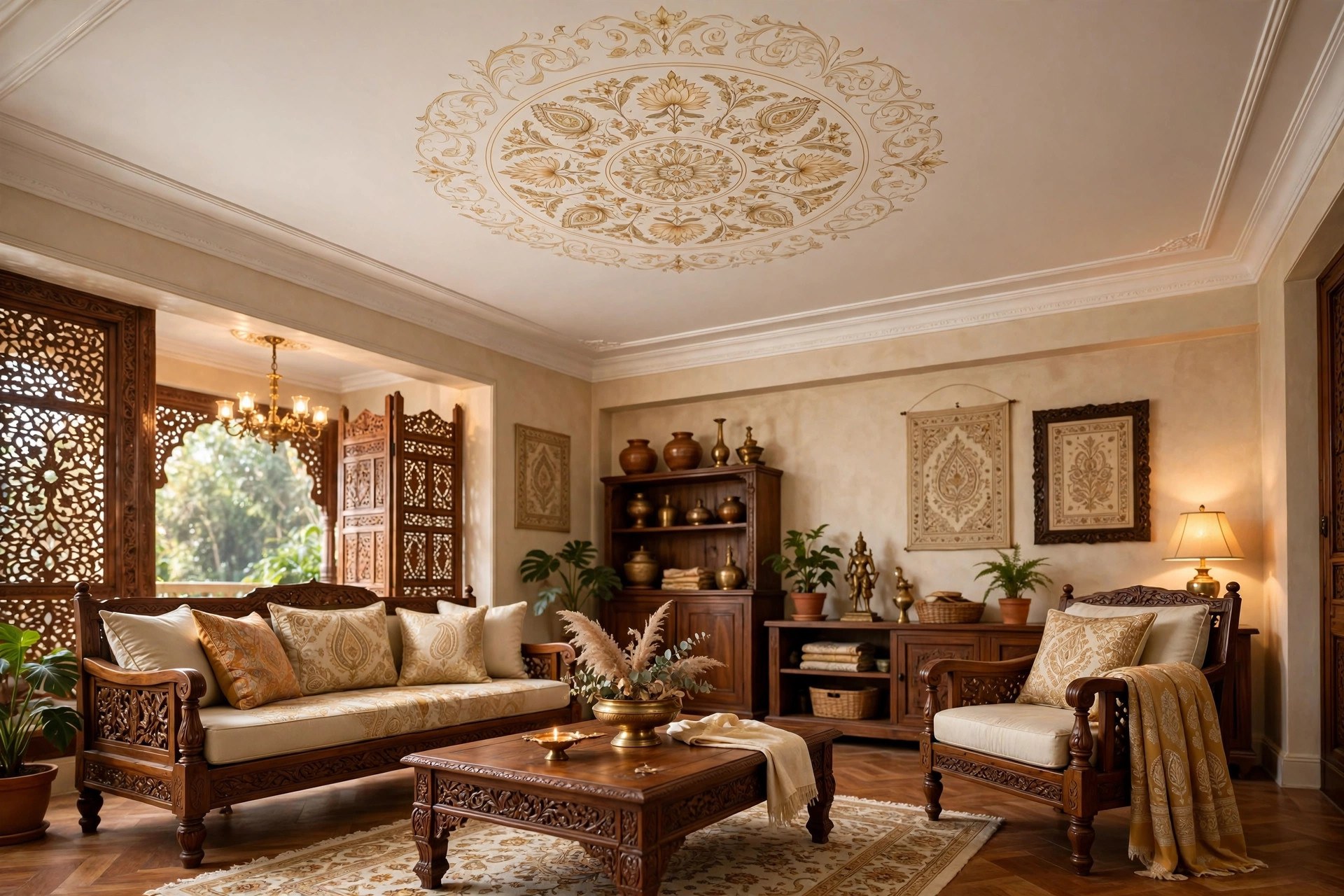 Traditional living room with a hand-painted floral gypsum ceiling medallion