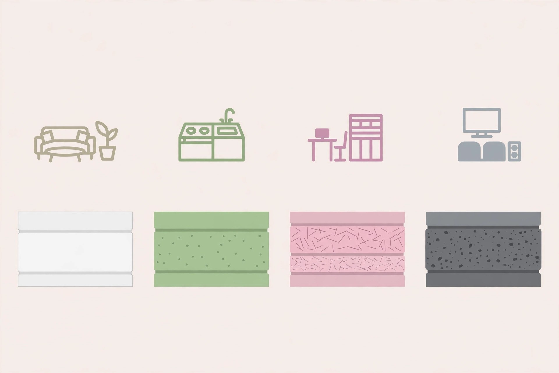 Illustration comparing gypsum board types: standard, moisture-resistant, fire-resistant and acoustic