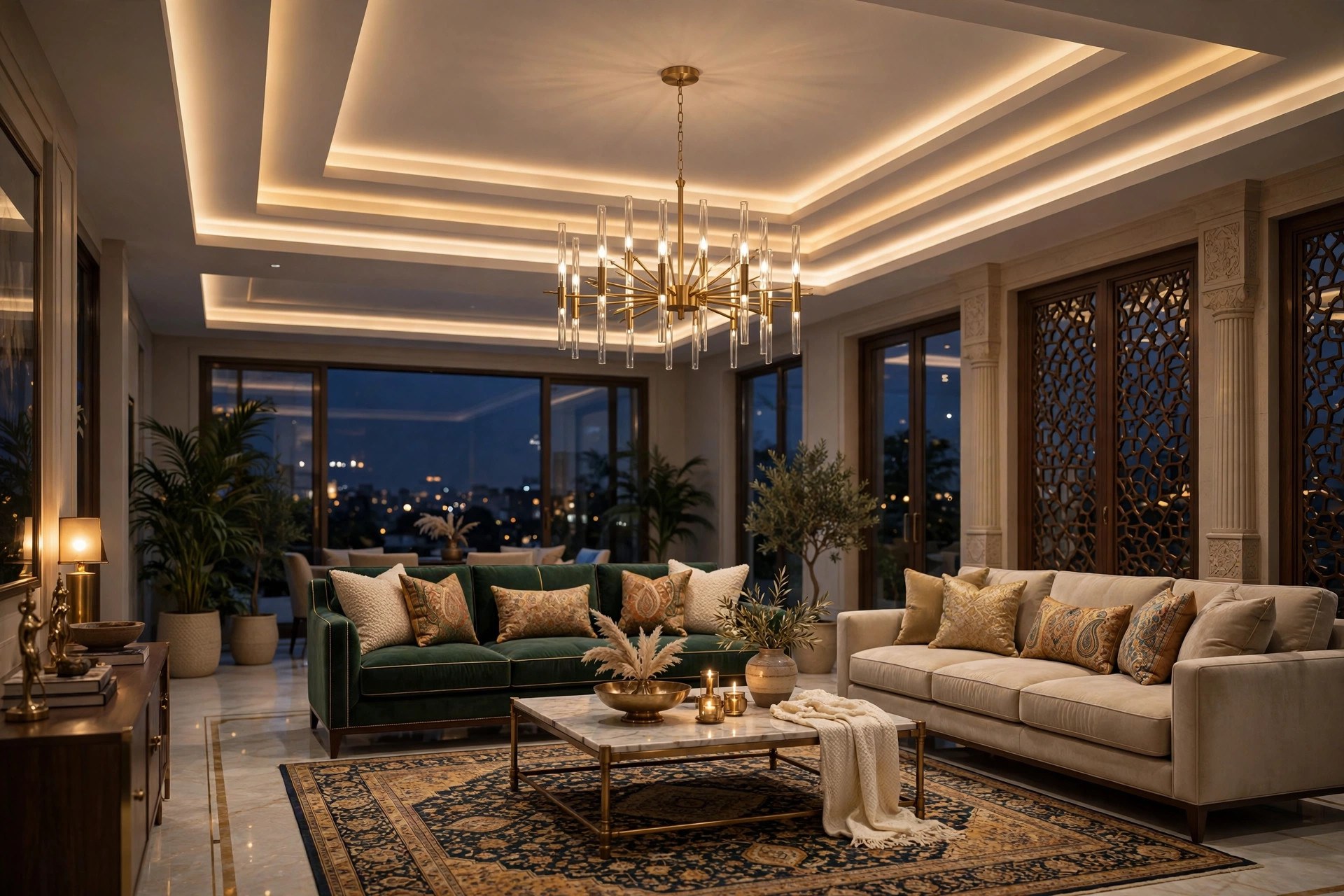 Grand living room with a multi-layer gypsum tray ceiling and a central chandelier