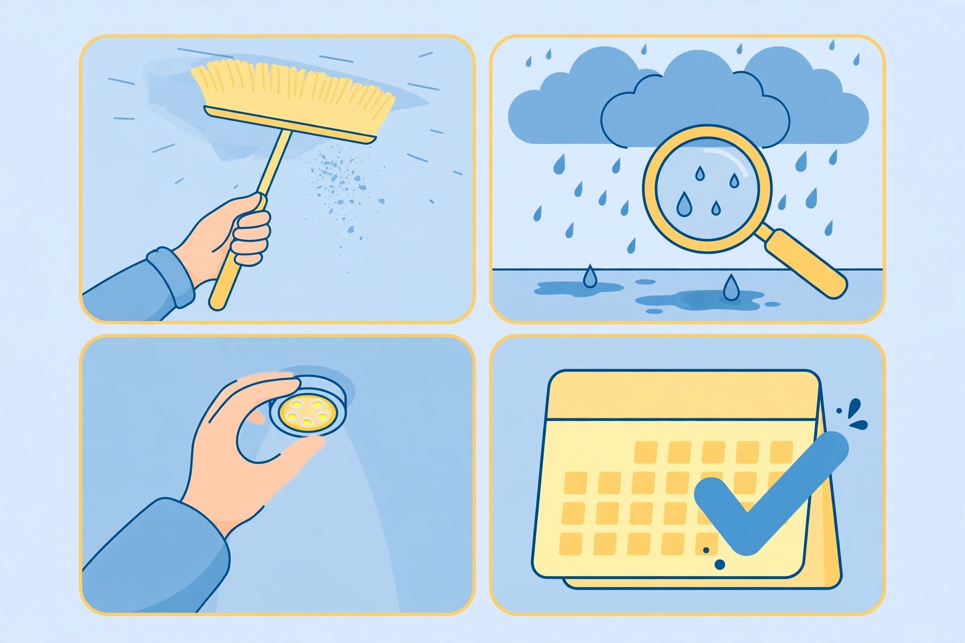 Illustration of gypsum ceiling maintenance: dusting, monsoon moisture check, LED inspection