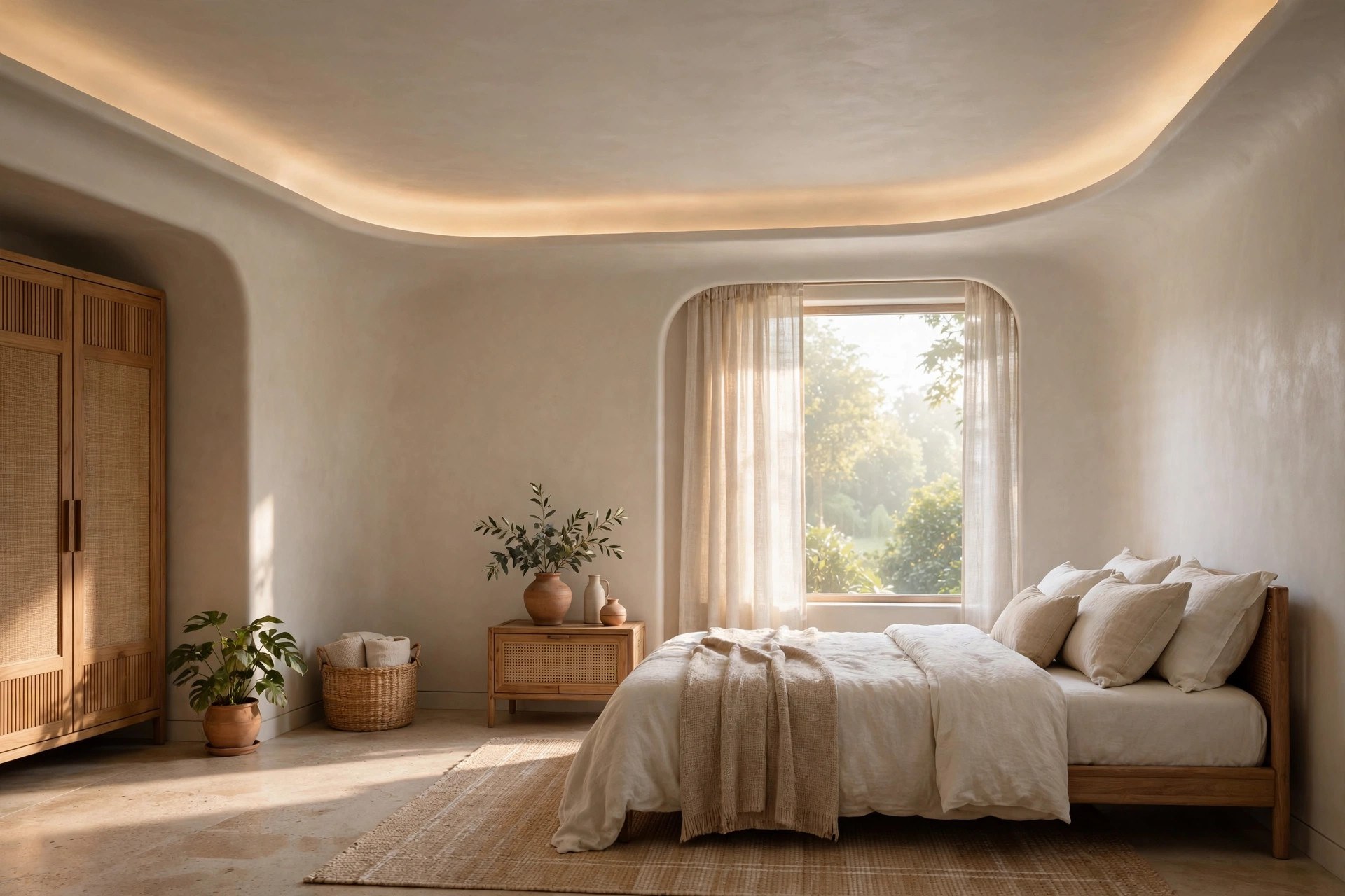 Serene bedroom with a gypsum ceiling with softly curved edges and warm cove light