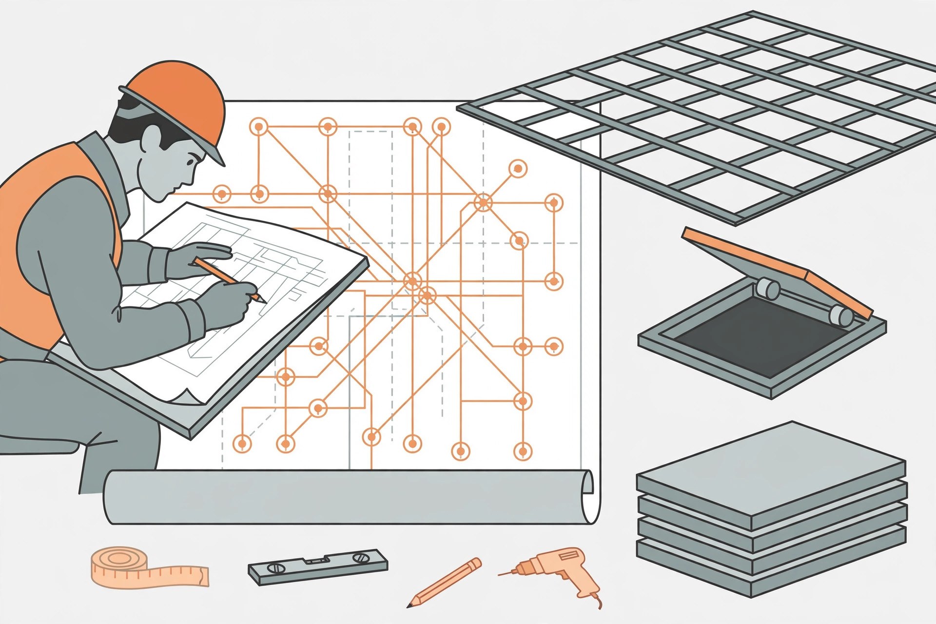 Illustration of a pre-installation checklist: wiring plan, height check, board selection, access panels