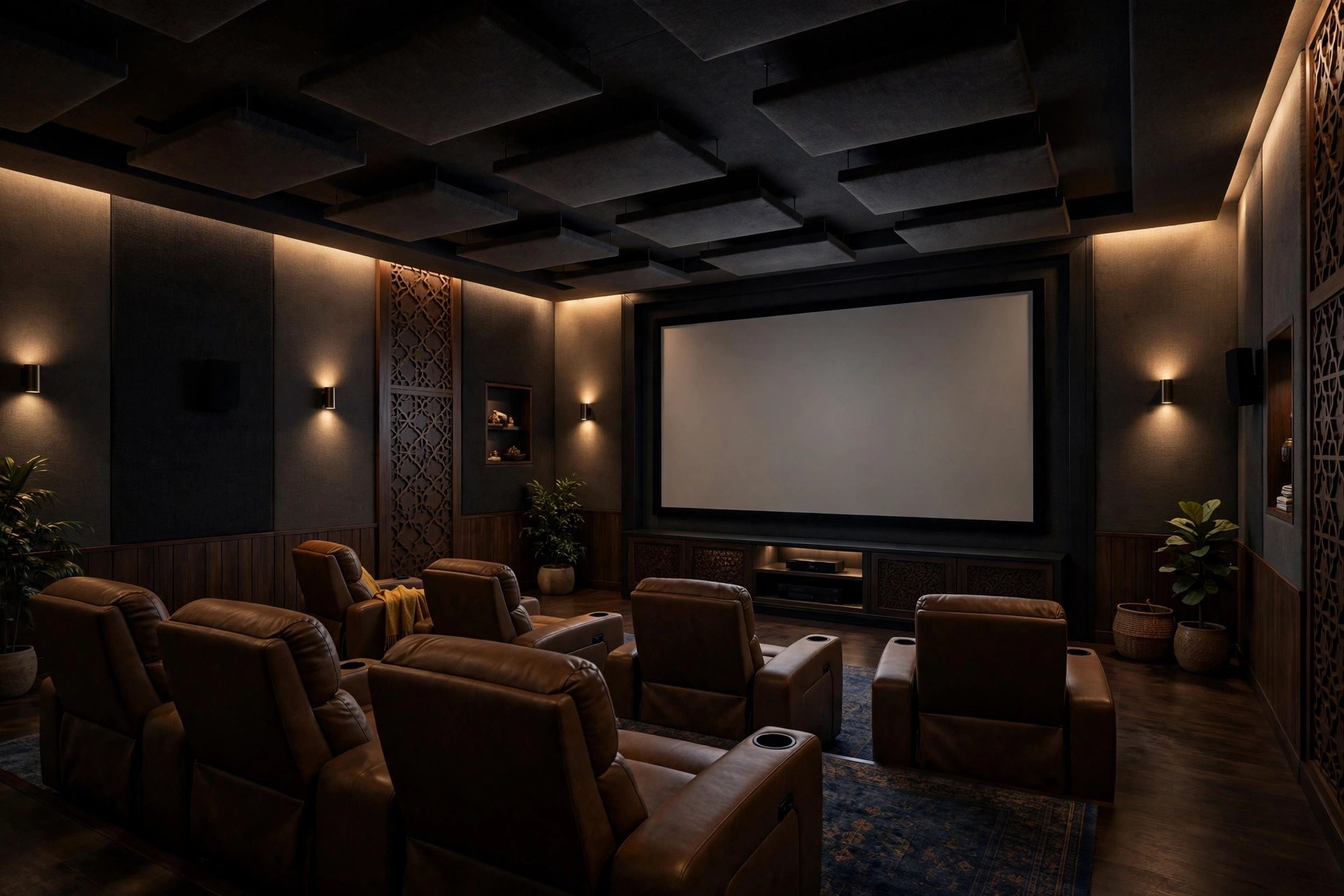 Home theatre with a dark acoustic gypsum panel ceiling and dim warm lighting