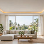 Living room with a simple POP false ceiling: slim border and warm cove light