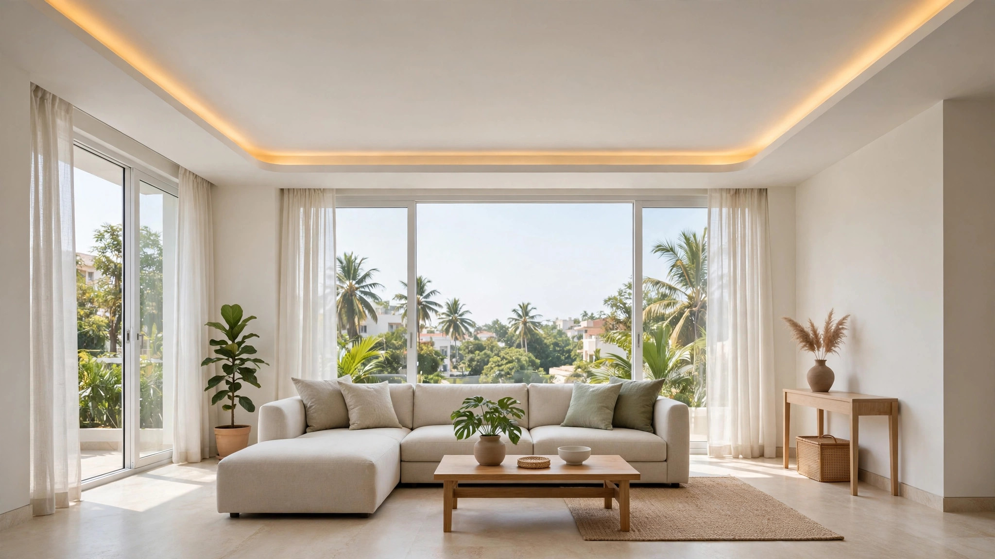 Living room with a simple POP false ceiling: slim border and warm cove light
