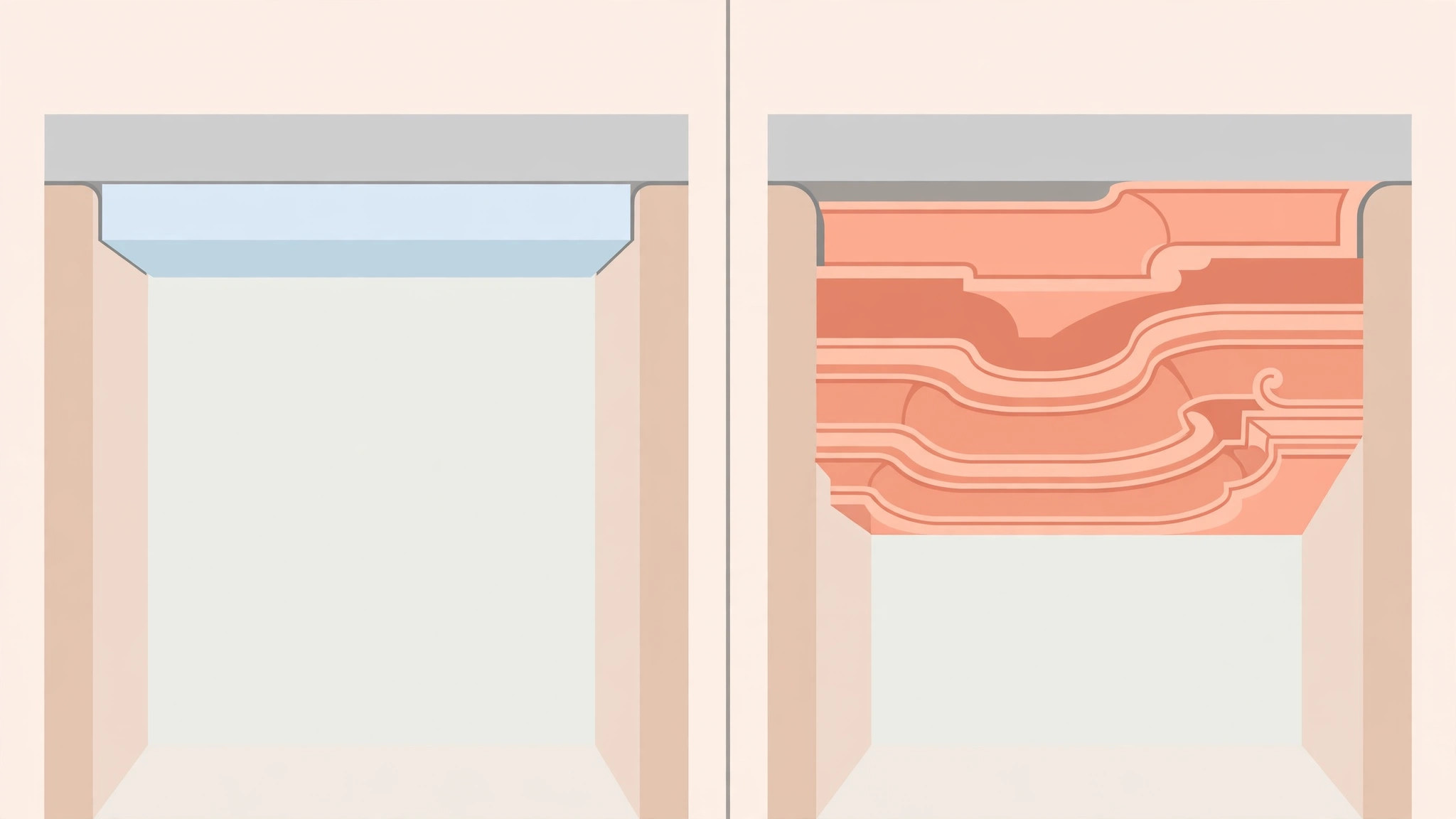 Diagram comparing a simple single-level POP ceiling with an ornate multi-level one
