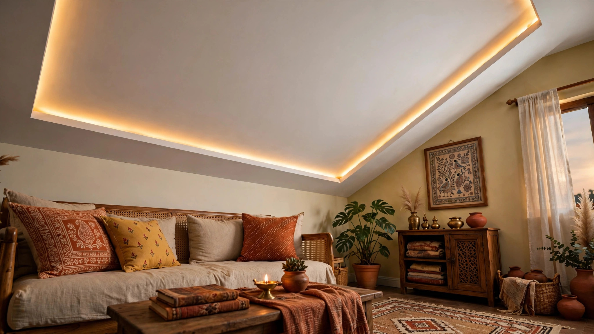 Living room with a slim POP border ceiling and hidden LED strip
