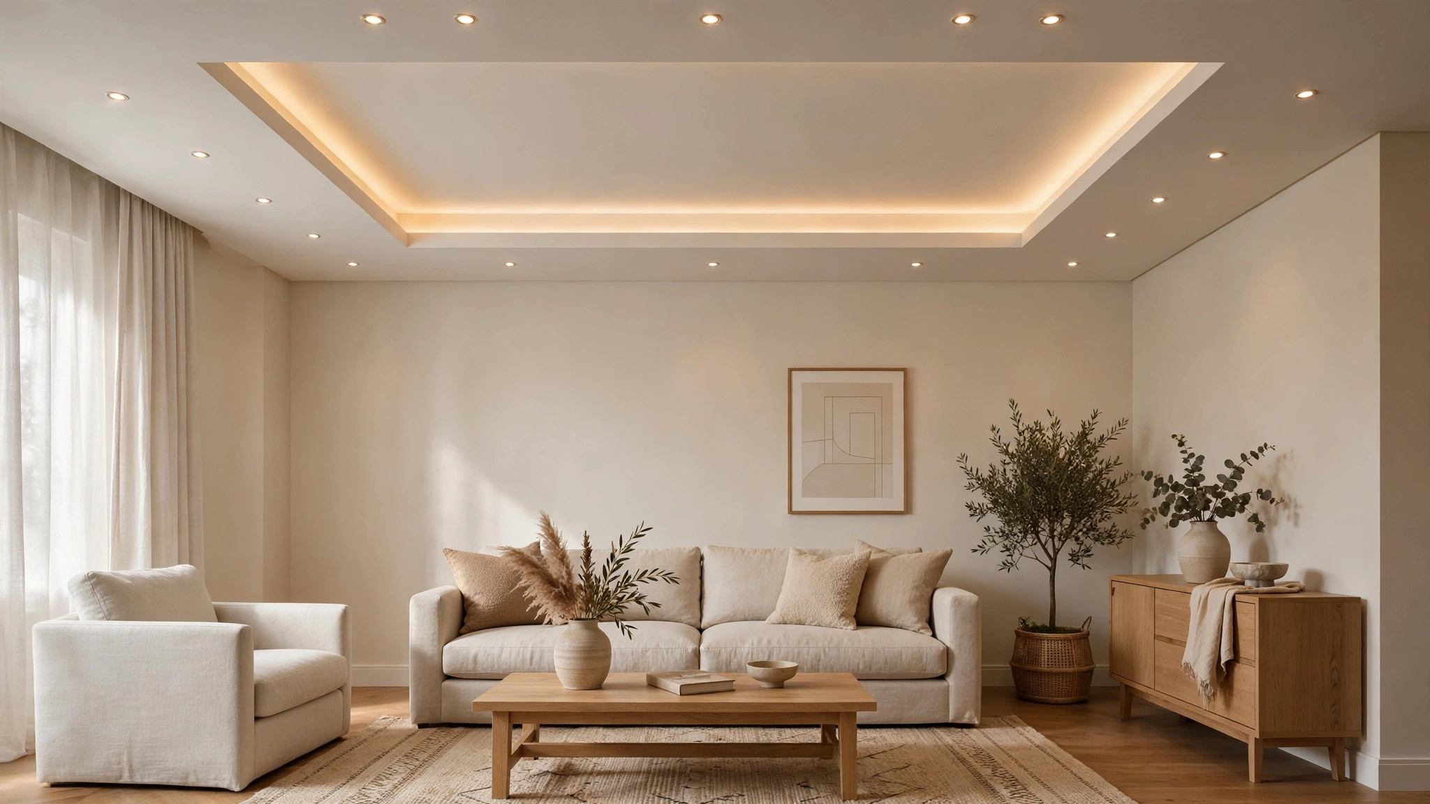 Living room with a shallow centre tray POP ceiling and cove lighting