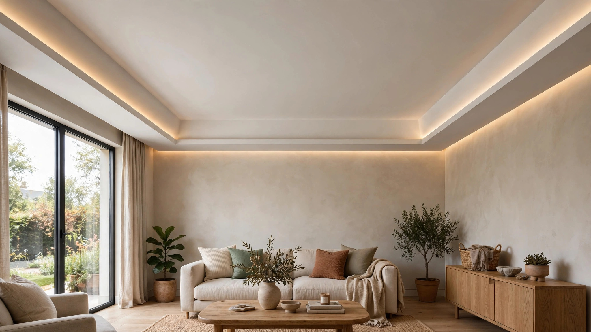 Living room with an edge-only POP border ceiling for a low slab