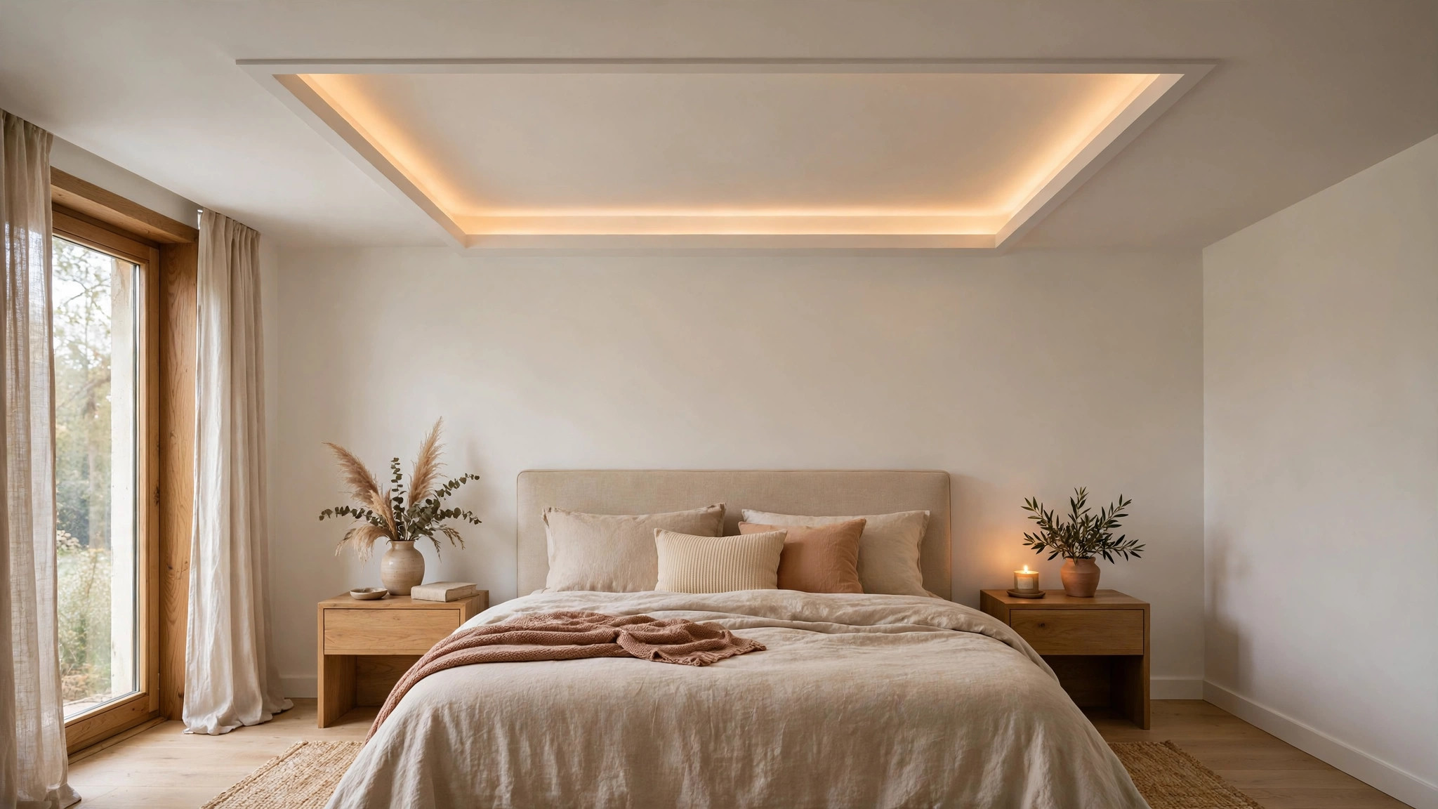 Bedroom with a simple POP frame above the bed and warm lighting