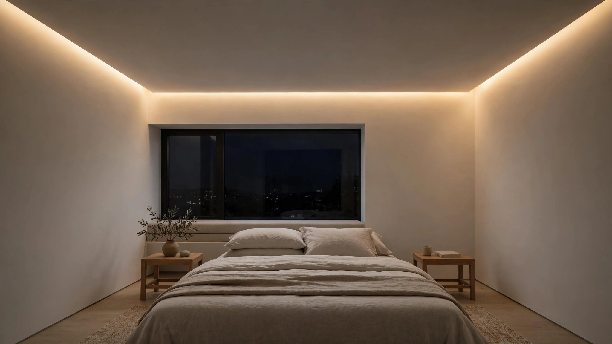 Bedroom with a single slim POP cove band glowing at night