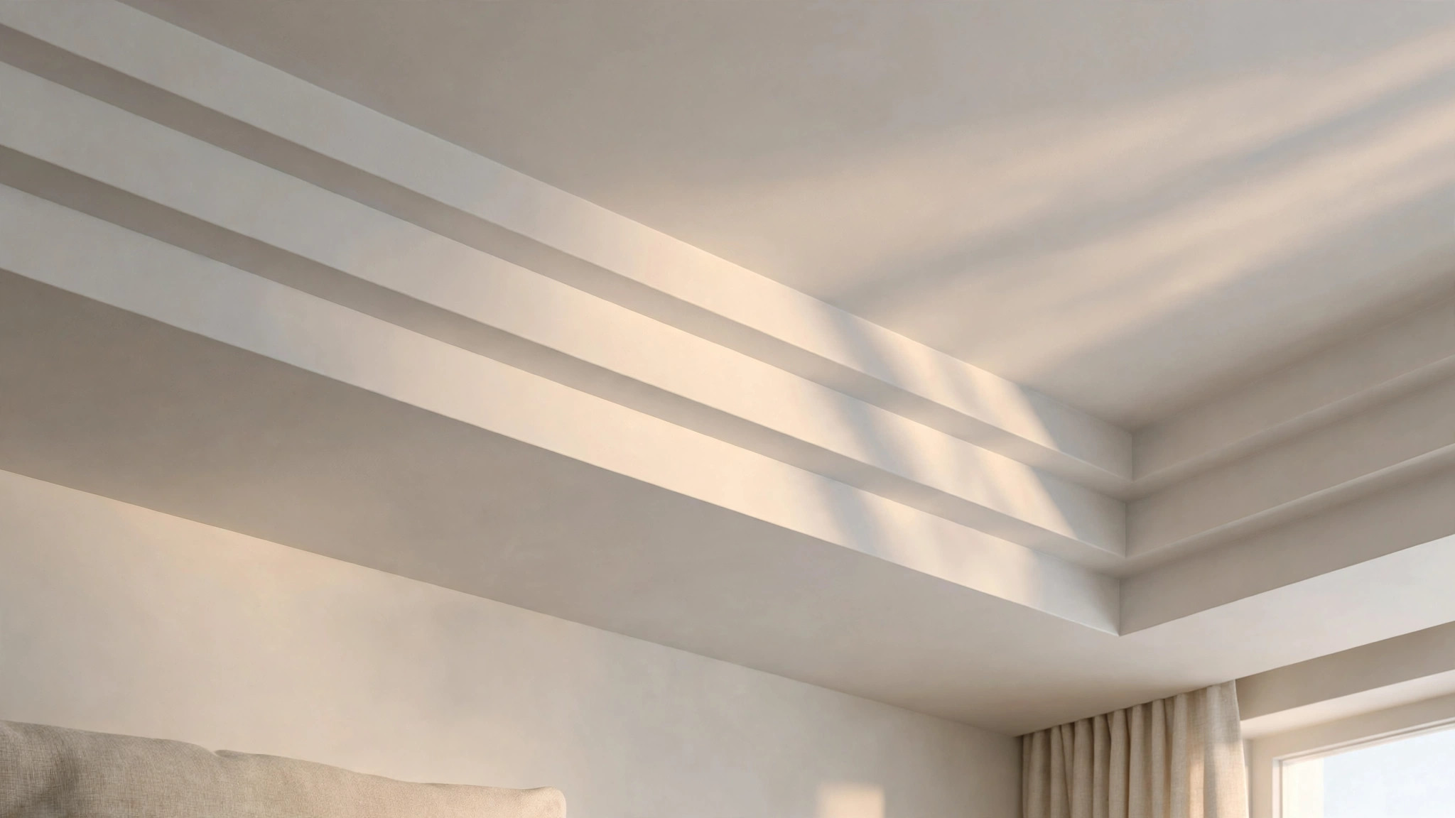 Bedroom with minimal shallow layered POP steps at the ceiling edge