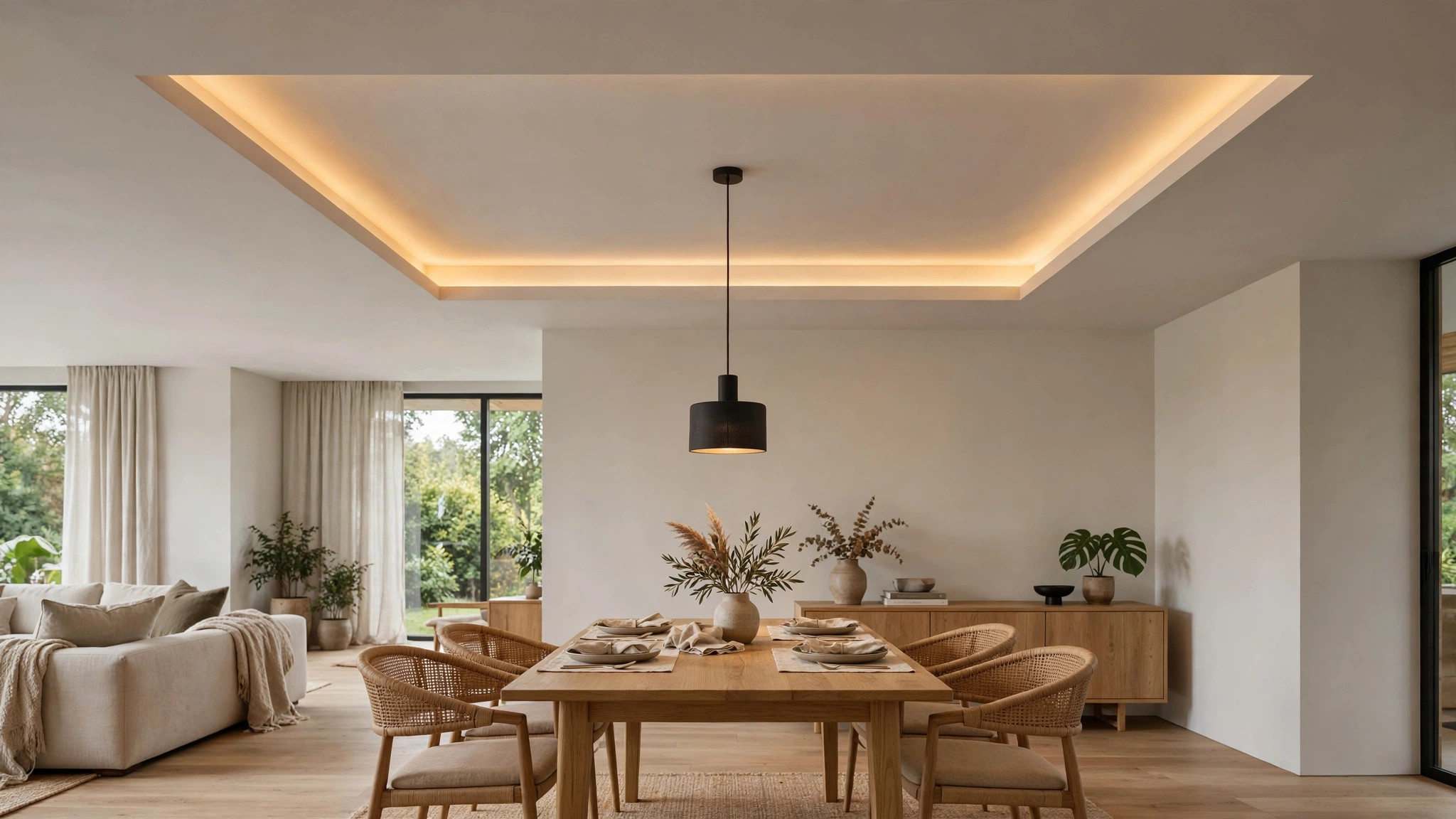 Dining area with a simple POP island tray and pendant light above the table