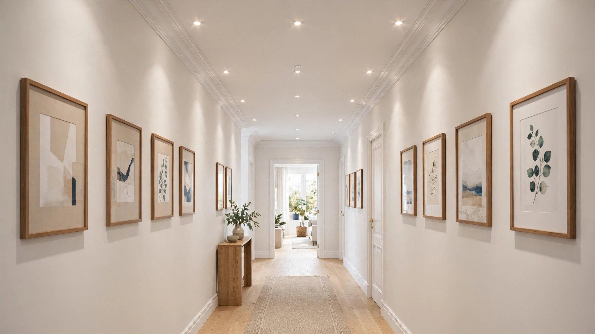 Passage with a slim POP border and evenly spaced recessed spots
