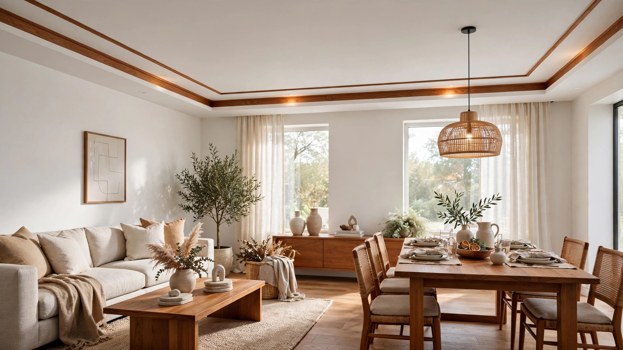Living room POP ceiling with thin teak wood strip accents