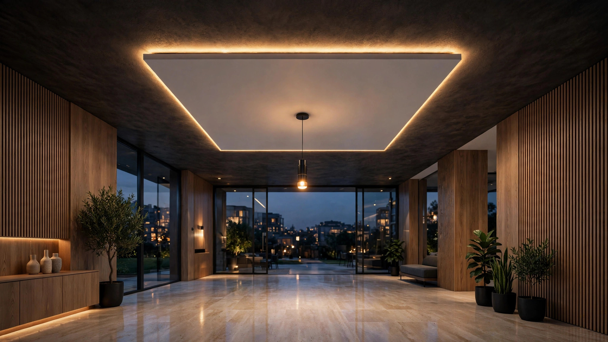 Hall with a floating POP island ceiling ringed by soft halo lighting