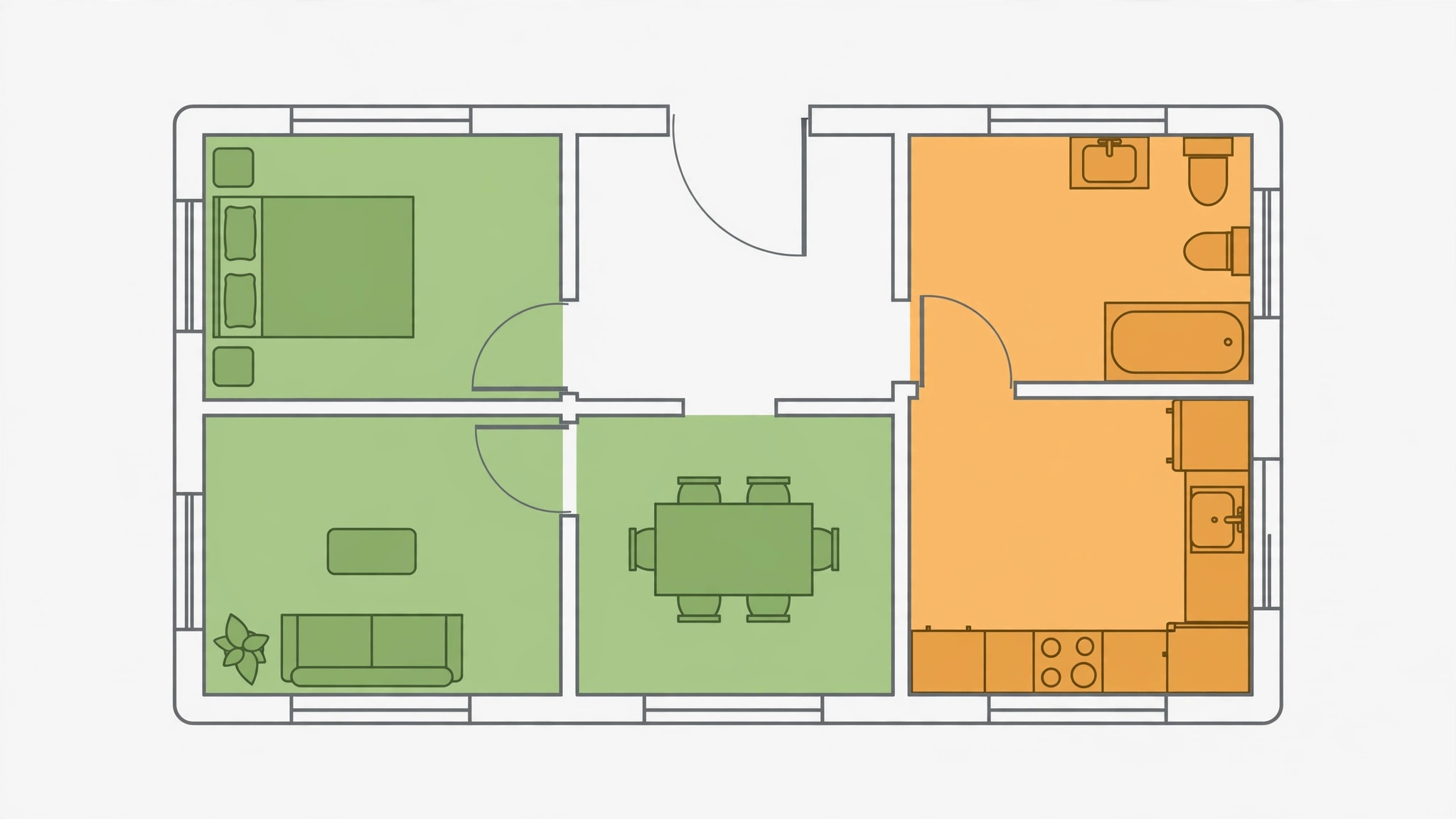 Diagram showing rooms where POP works well and rooms needing caution