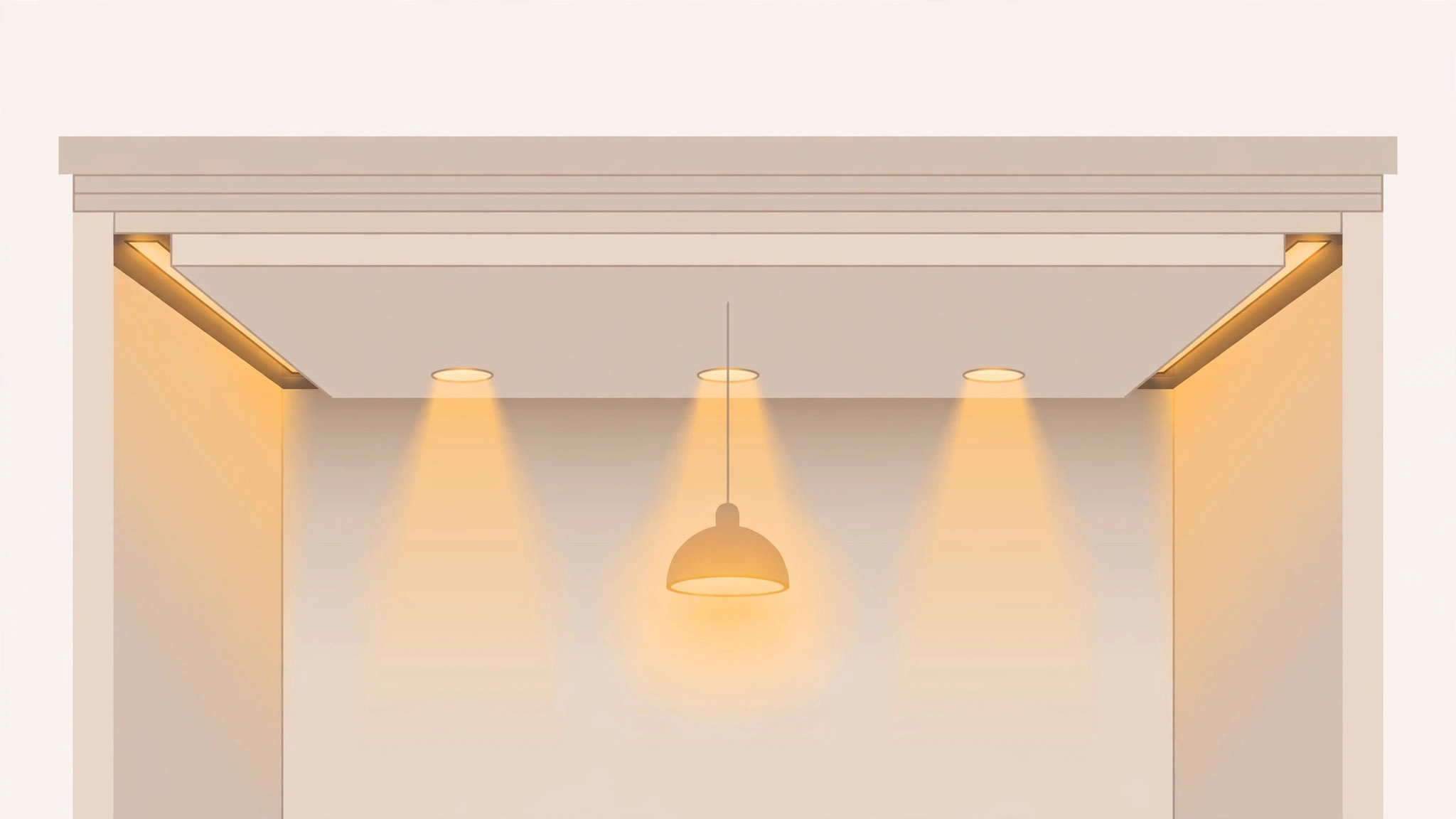 Diagram showing cove, spot and pendant lighting layers in a POP ceiling