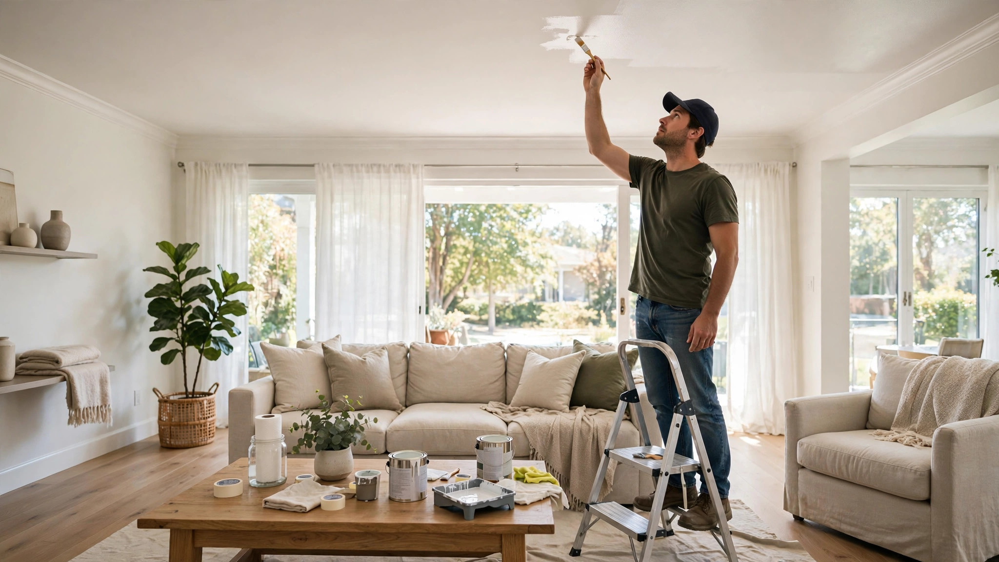 Person touching up paint on a simple POP ceiling