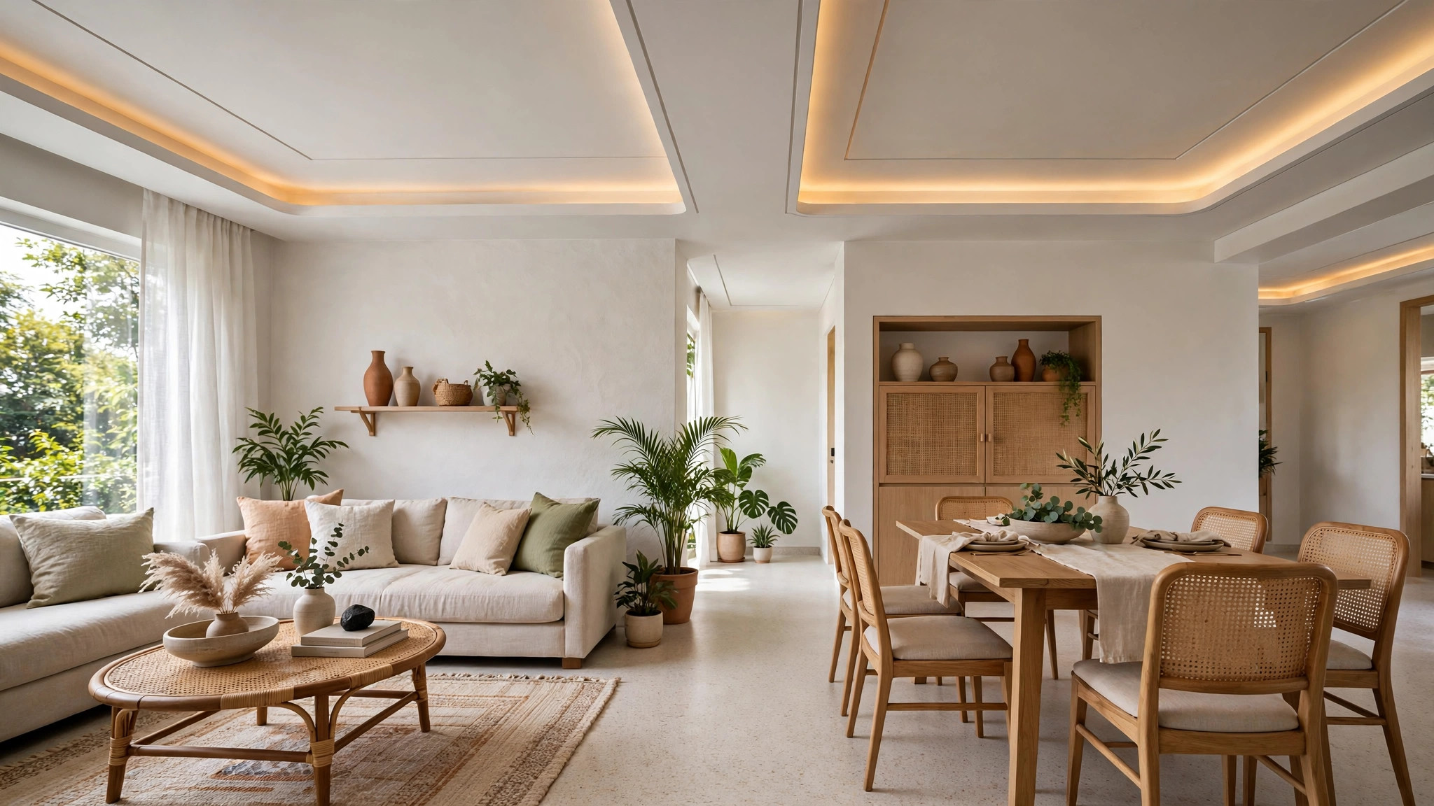 Indian home interior with simple POP ceilings flowing through living and dining areas