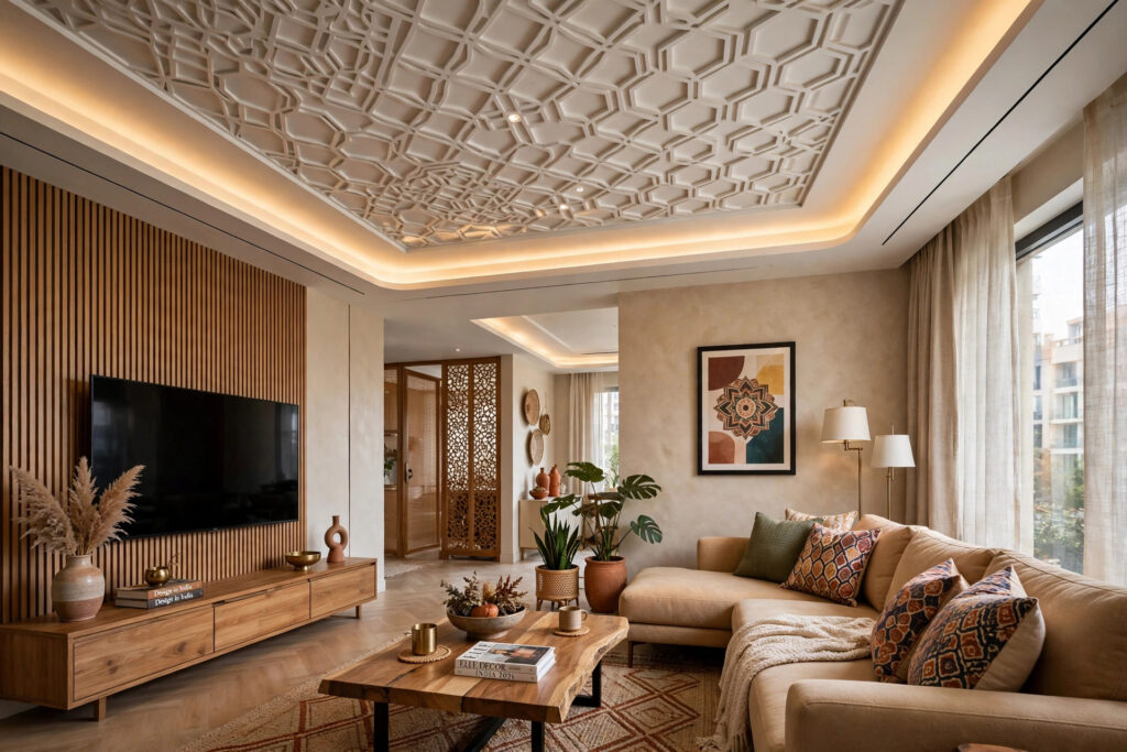 Living room with a modern POP false ceiling with geometric pattern and cove lighting
