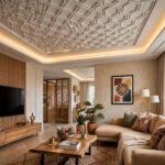 Living room with a modern POP false ceiling with geometric pattern and cove lighting
