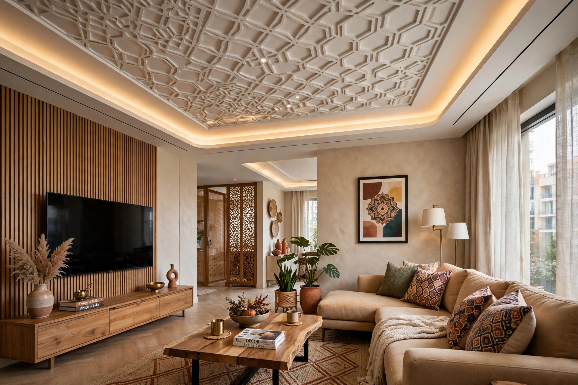 Living room with a modern POP false ceiling with geometric pattern and cove lighting