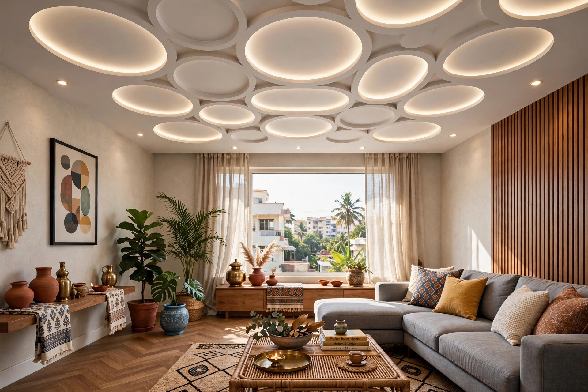 Living room with a geometric POP ceiling pattern in circles