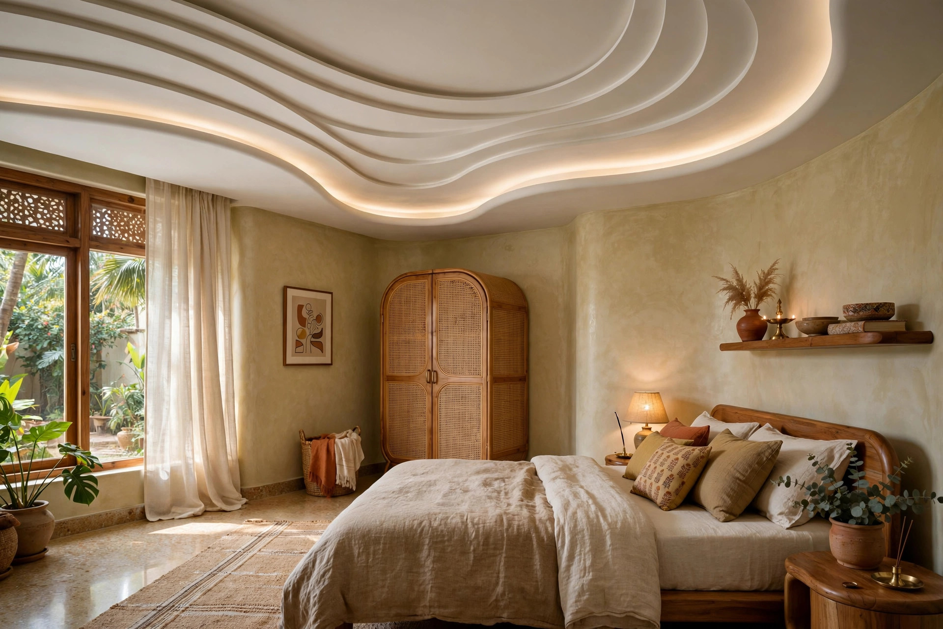 Bedroom with a curved wave POP false ceiling