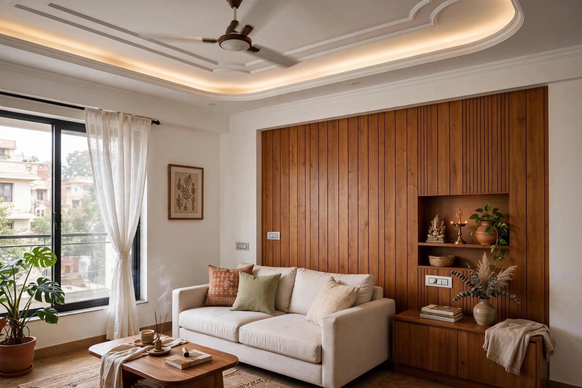 Living room with POP ceiling and wooden accent panels