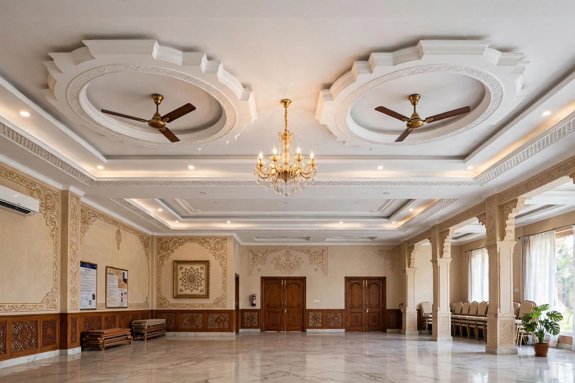 Hall with a POP tray ceiling designed around two ceiling fans
