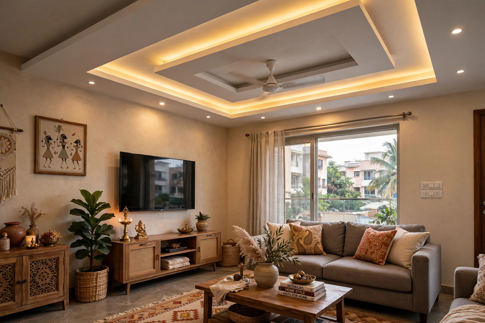 Living room with a double-layer POP false ceiling