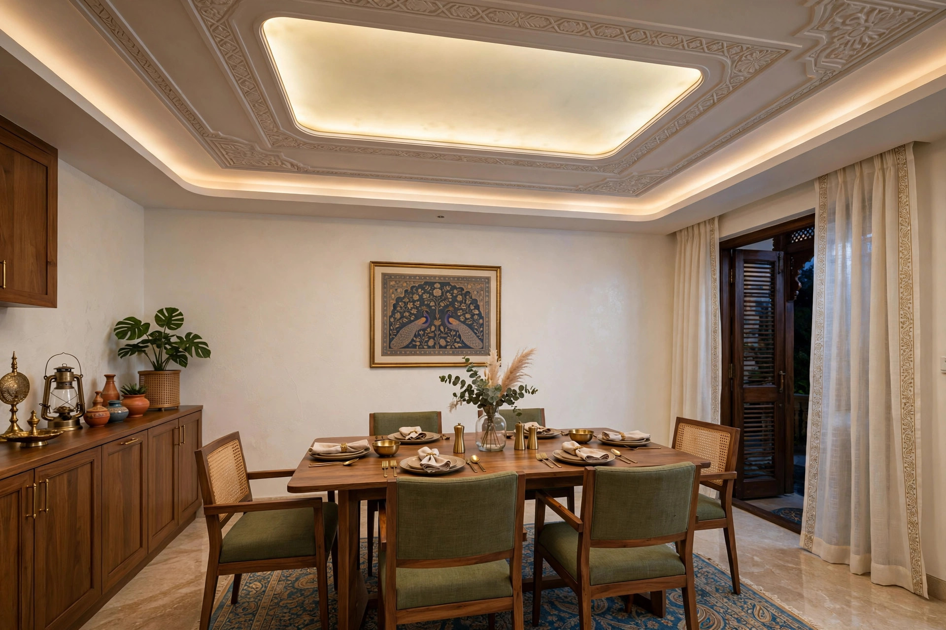Dining area with POP ceiling and backlit frosted glass insert