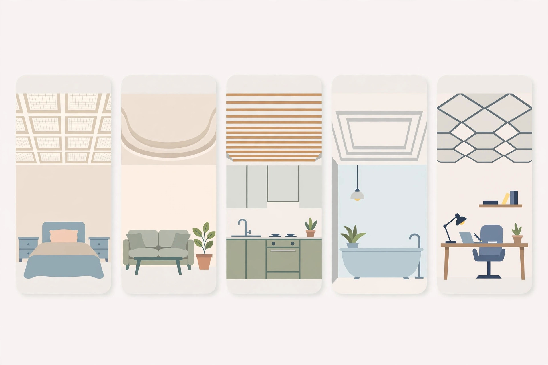 Illustration showing POP ceiling trend recommendations by room