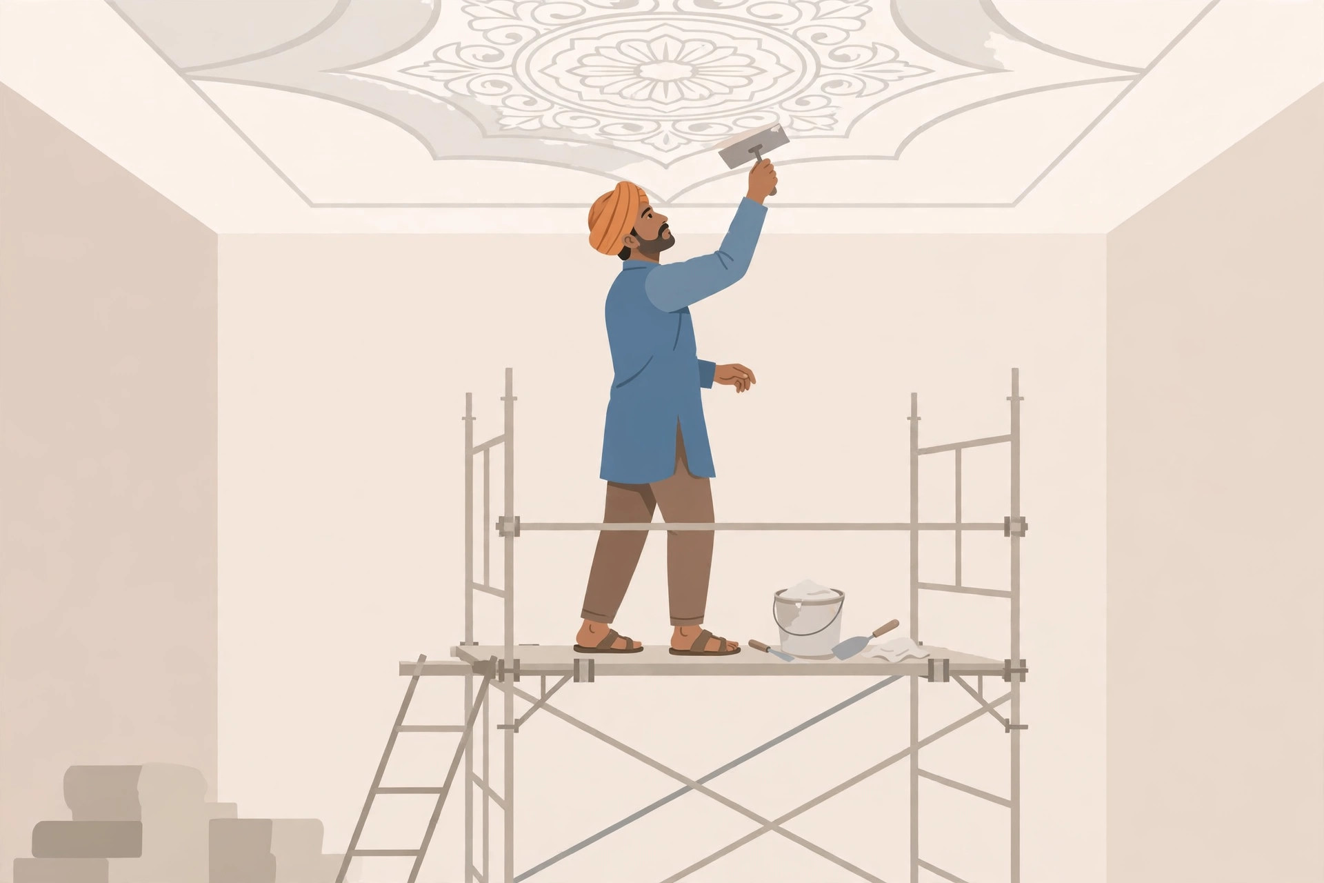 Illustration of a craftsman moulding POP on-site for a ceiling design