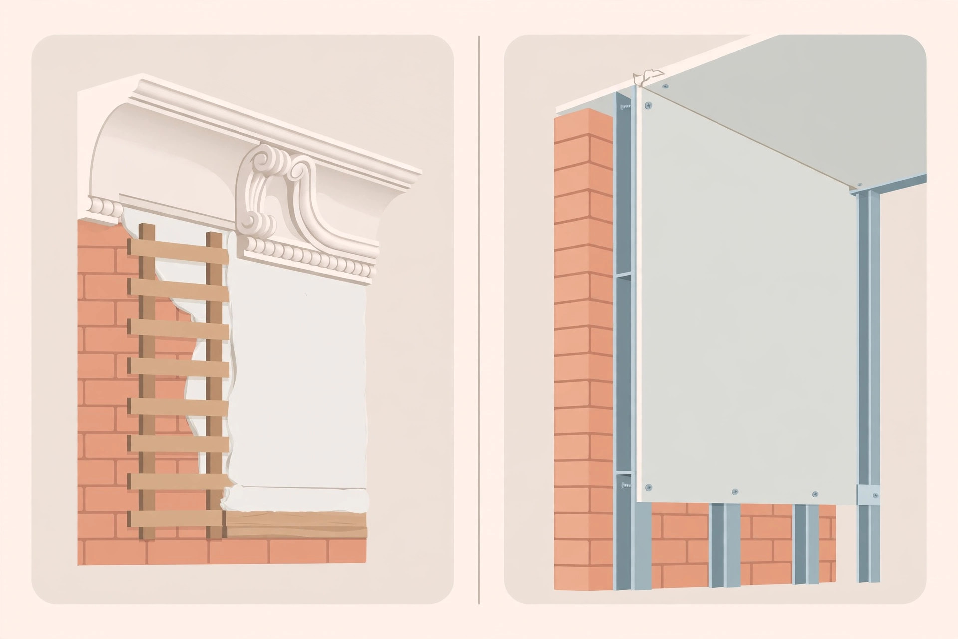 Illustration comparing POP moulding with gypsum board installation