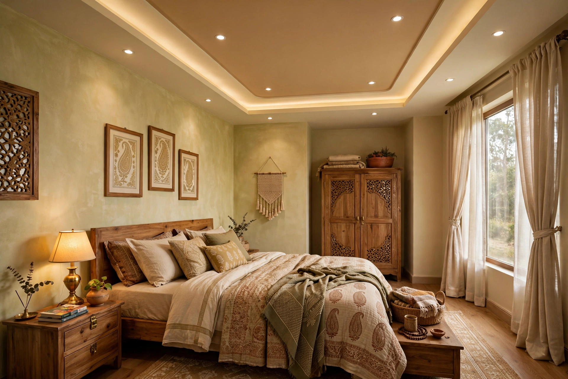 Bedroom with a calm two-tone POP ceiling and dimmable lights